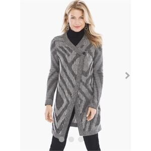 Chico's Women's Patterned Charla Woven Knit Chevron Cardigan 0/S/4 Black White